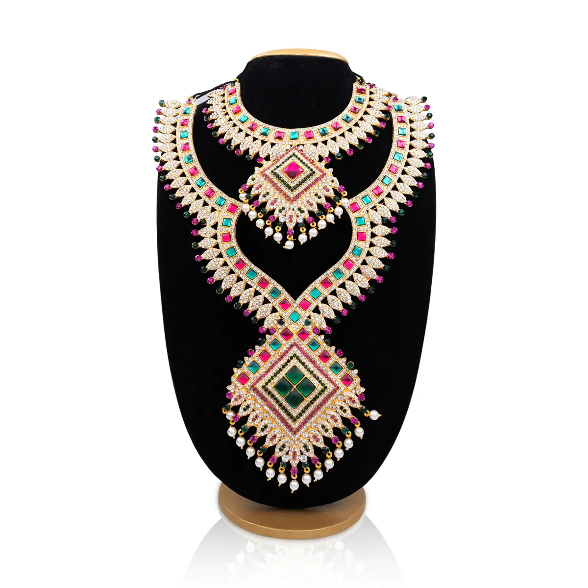 Stone Haram And Necklace Pair - 16 X 10 Inches | Artificial Jewelry/ Multicolour Stone Jewellery For Deity Decor