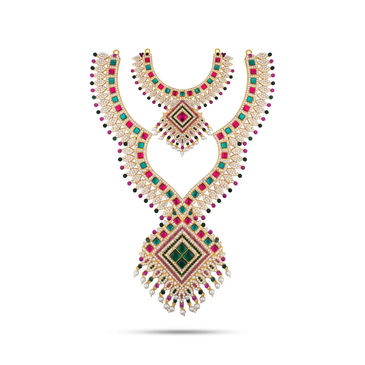Stone Haram And Necklace Pair - 16 X 10 Inches | Artificial Jewelry/ Multicolour Stone Jewellery For Deity Decor - Image 2