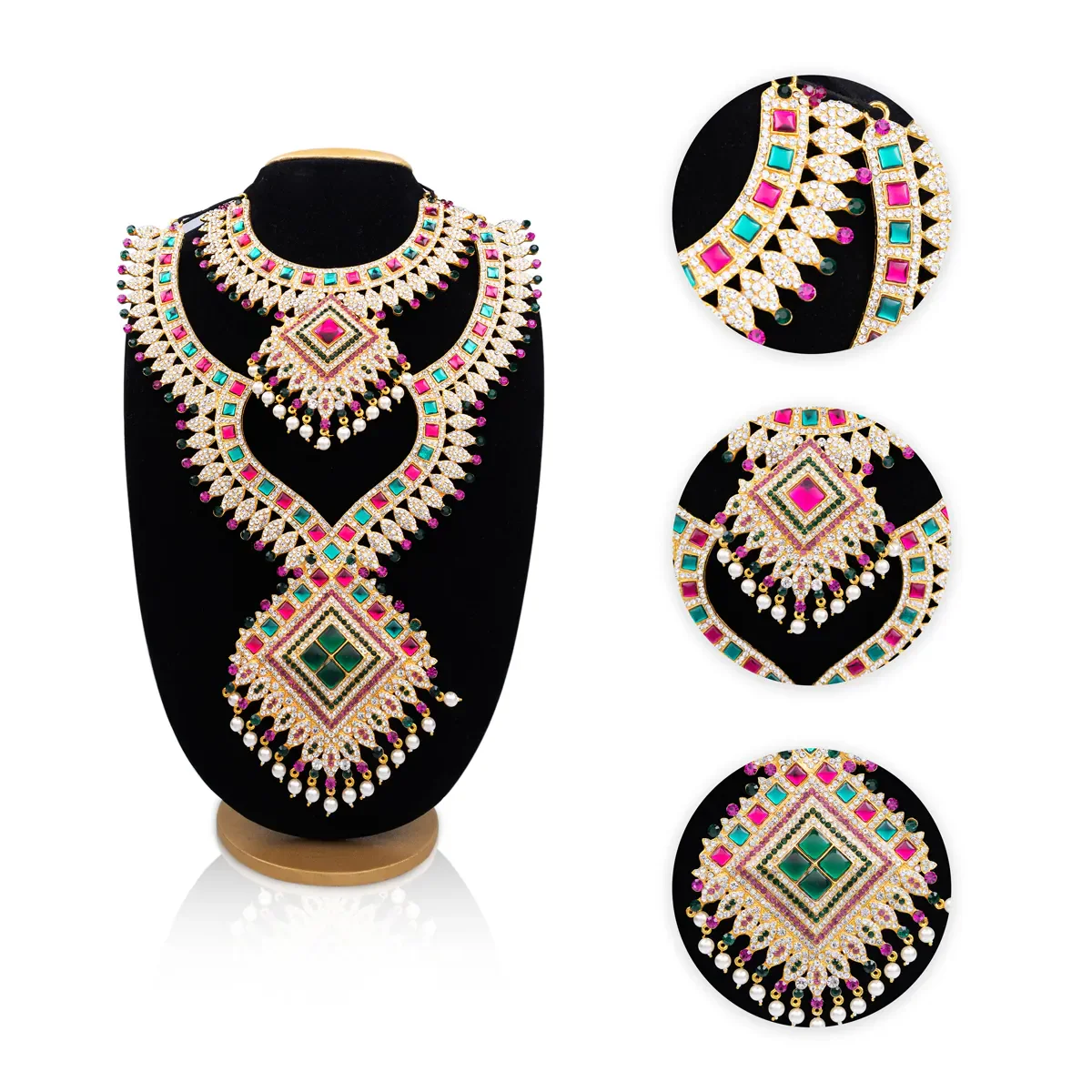 Stone Haram And Necklace Pair - 16 X 10 Inches | Artificial Jewelry/ Multicolour Stone Jewellery For Deity Decor - Image 3