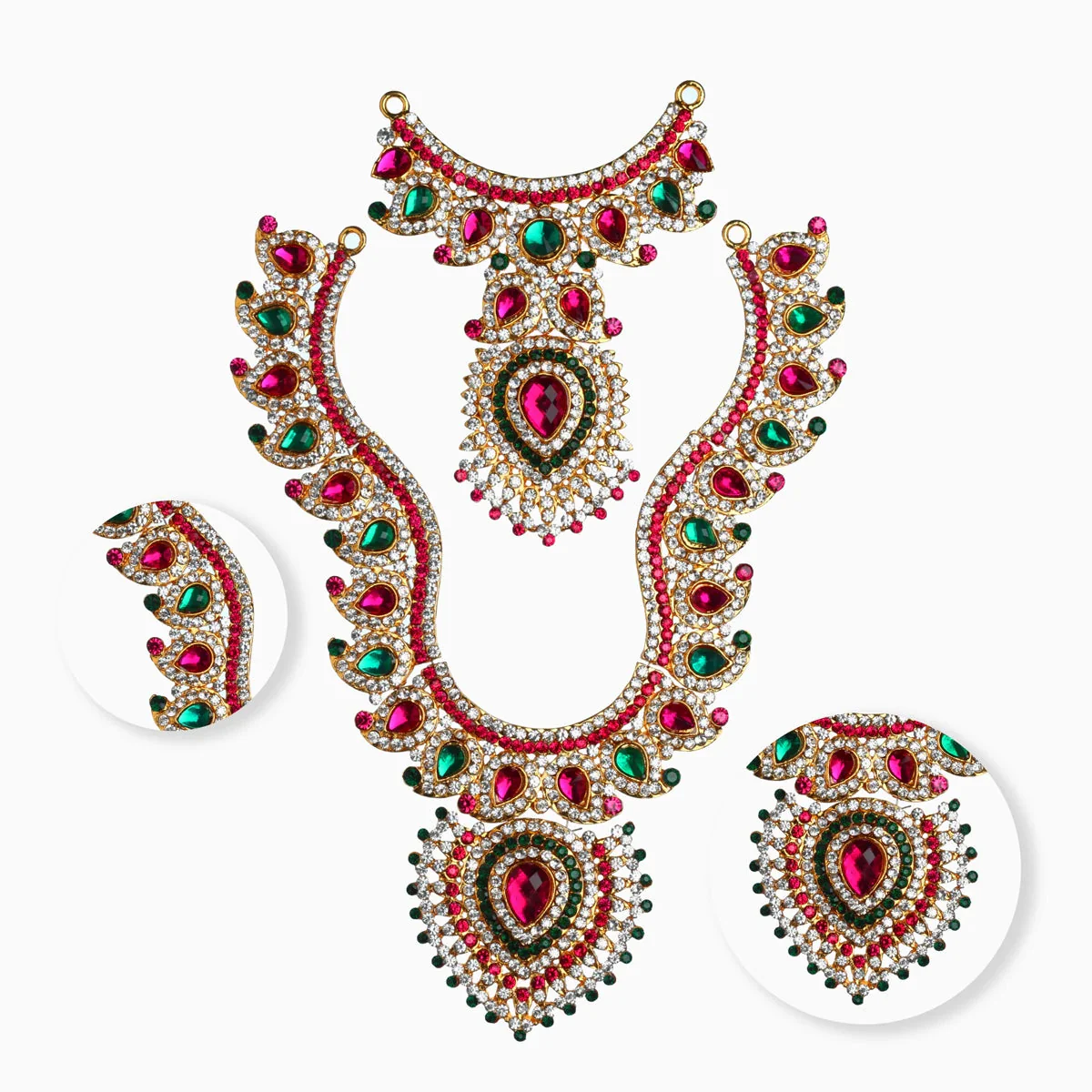 Stone Haram And Necklace Pair - 8 X 5 Inches | Multicolour Stone Jewelry/ Artificial Jewellery For Deity Decor - Image 2