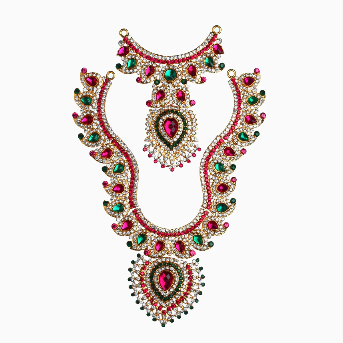 Stone Haram And Necklace Pair - 8 X 5 Inches | Multicolour Stone Jewelry/ Artificial Jewellery For Deity Decor - Image 3