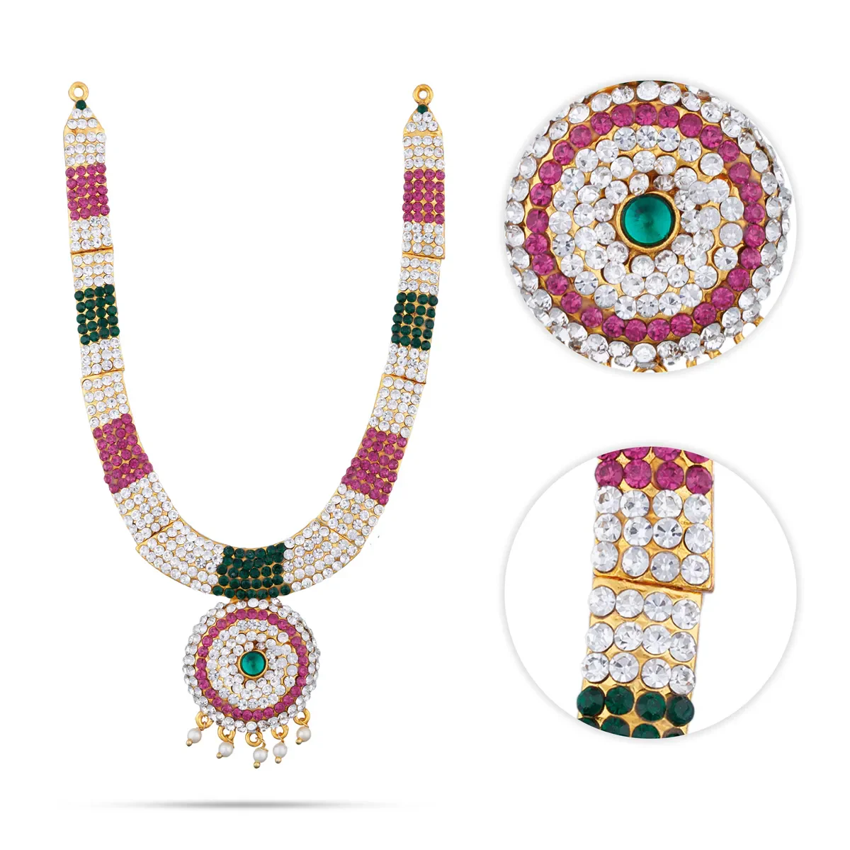 Stone Haram And Stone Necklace Pair - 7 x 4 Inches | Multicolour Stone Jewellery/ Artificial Jewelry for Deity Decor - Image 2