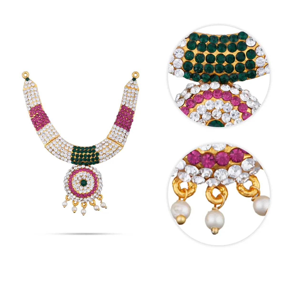Stone Haram And Stone Necklace Pair - 7 x 4 Inches | Multicolour Stone Jewellery/ Artificial Jewelry for Deity Decor - Image 3