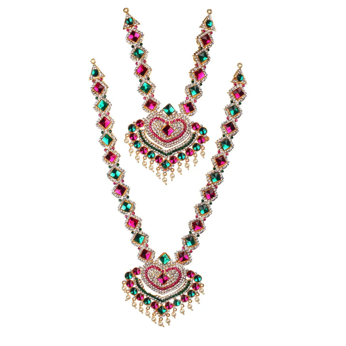 Stone Haram & Stone Necklace Pair- 12 X 3.5 Inches | Multicolour Stone Jewelry/ Artificial Jewellery For Deity - Image 2