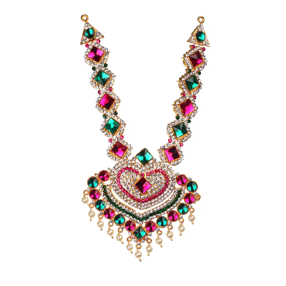 Stone Haram & Stone Necklace Pair- 12 X 3.5 Inches | Multicolour Stone Jewelry/ Artificial Jewellery For Deity - Image 3