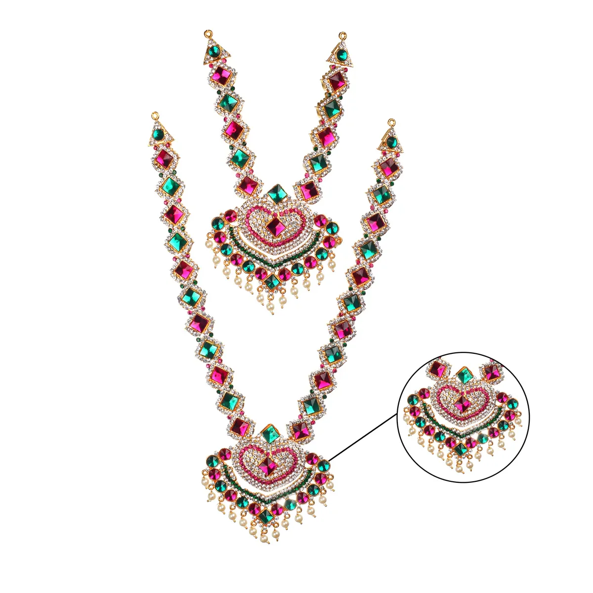 Stone Haram & Stone Necklace Pair- 12 X 3.5 Inches | Multicolour Stone Jewelry/ Artificial Jewellery For Deity - Image 5