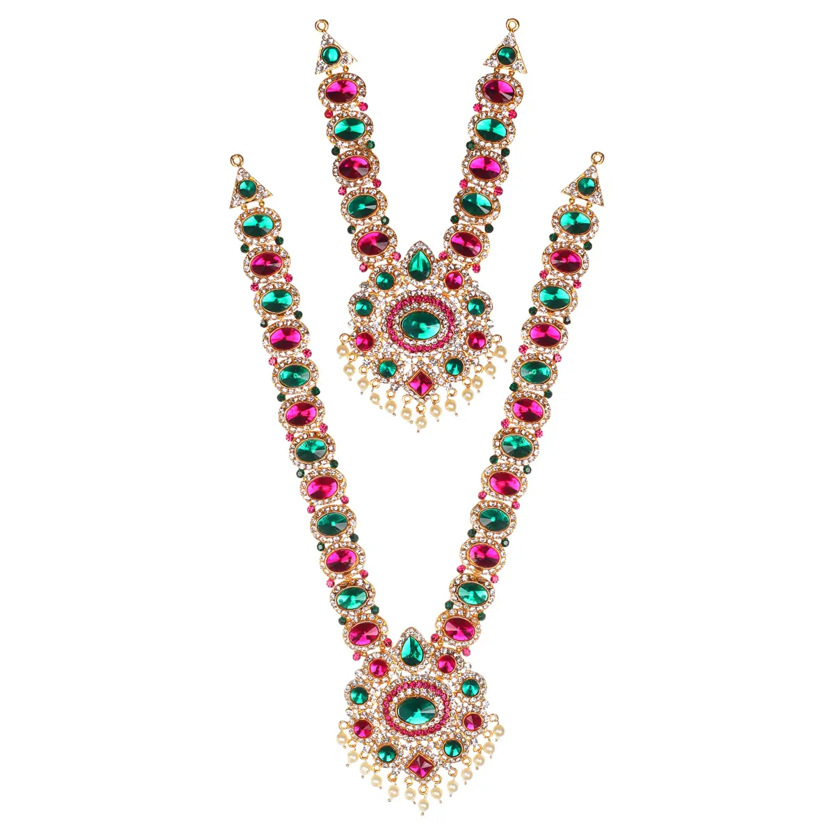 Stone Haram & Stone Necklace Pair - 12 X 3 Inches | Multicolour Stone Jewelry/ Artificial Jewellery For Deity - Image 2
