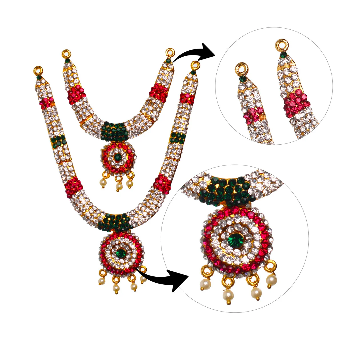 Stone Haram & Stone Necklace Pair - 5 X 1 Inches | Artificial Jewellery/ Multicolour Stone Jewelry For Deity - Image 2