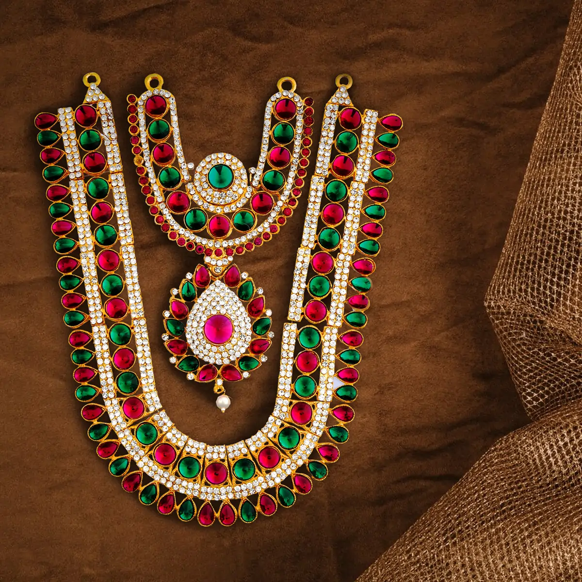 Stone Haram & Stone Necklace Set - 13 Inches | Multi Colour Stone Jewellery/ Jewelry for Deity - Image 13