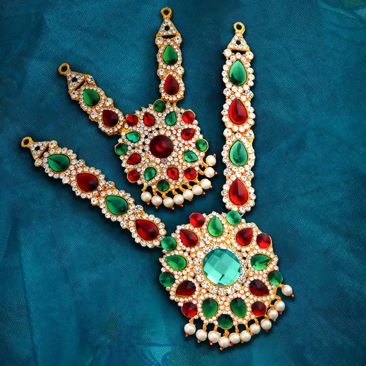 Stone Haram & Stone Necklace Set - 13 Inches | Multi Colour Stone Jewellery/ Jewelry for Deity - Image 16