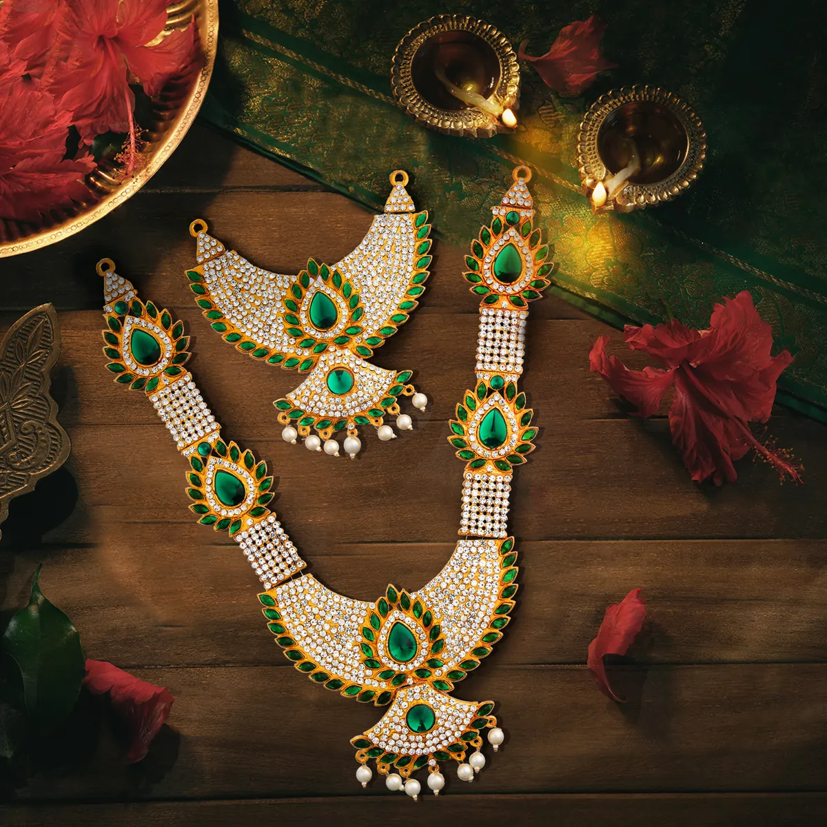 Stone Haram & Stone Necklace Set - 13 Inches | Multi Colour Stone Jewellery/ Jewelry for Deity - Image 6