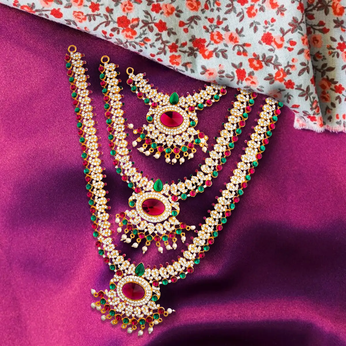 Stone Haram & Stone Necklace Set - 14 Inches | Stone Jewellery for Deity - Image 76