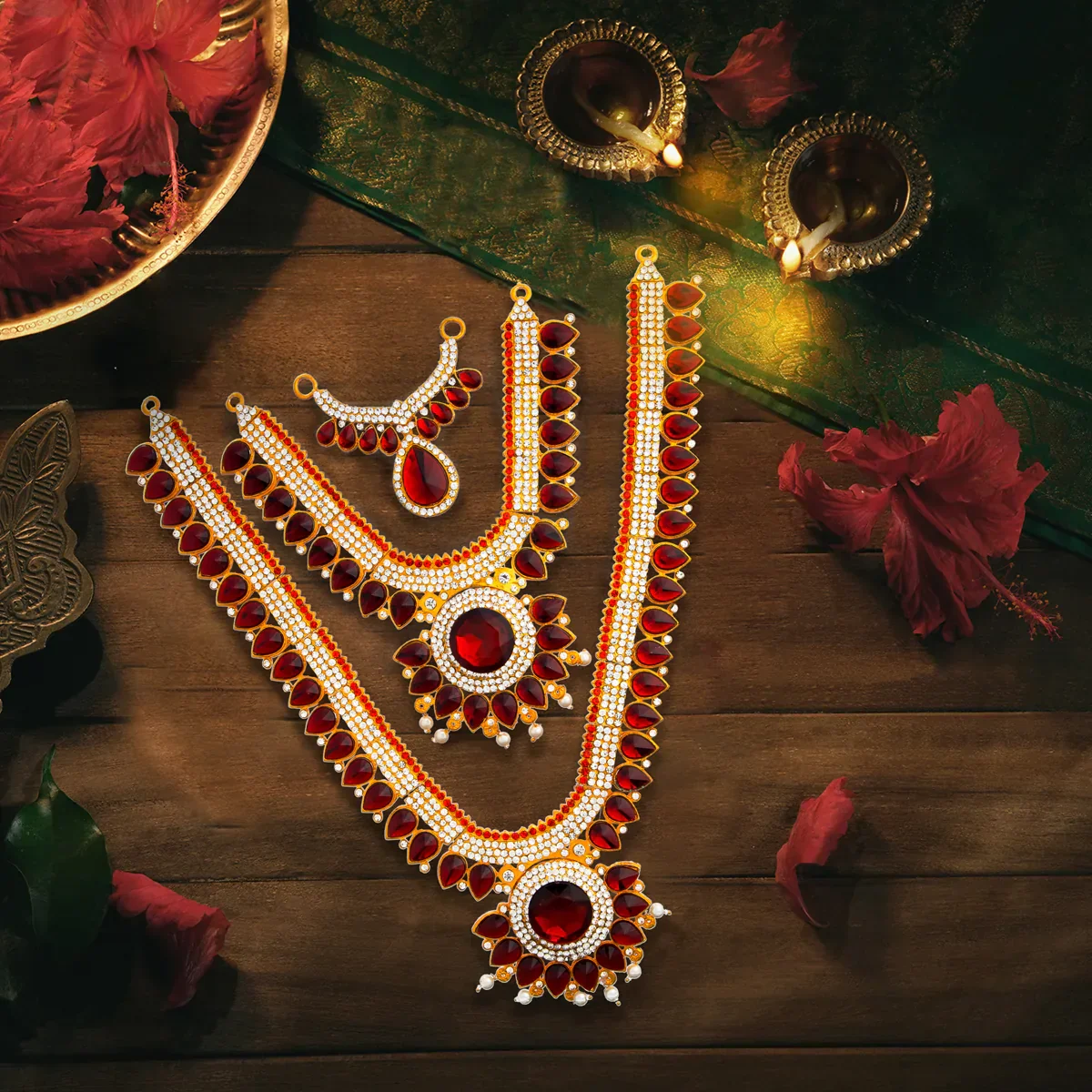 Stone Haram & Stone Necklace Set - 14 Inches | Stone Jewellery for Deity - Image 82