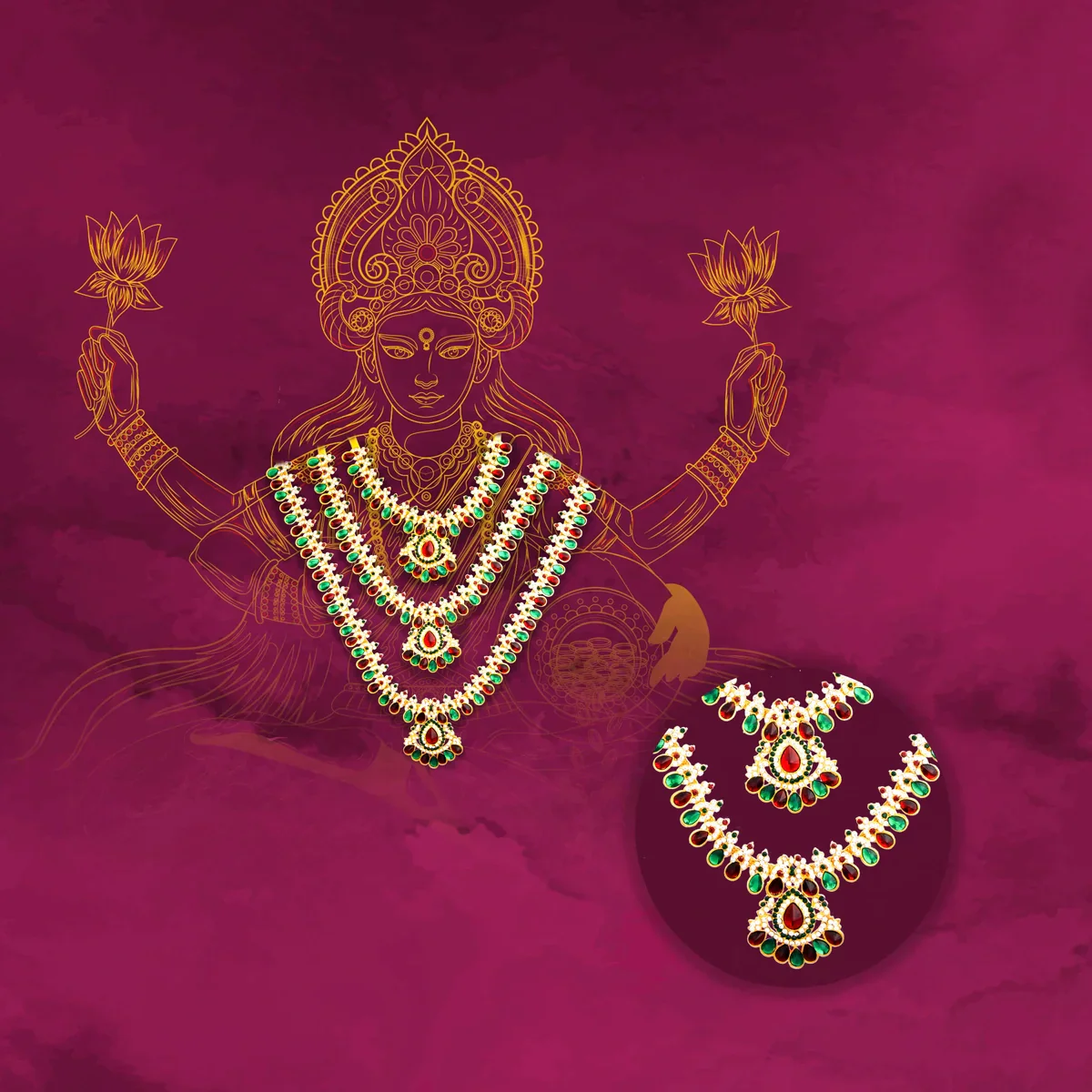 Stone Haram & Stone Necklace Set - 14 Inches | Stone Jewellery for Deity - Image 86
