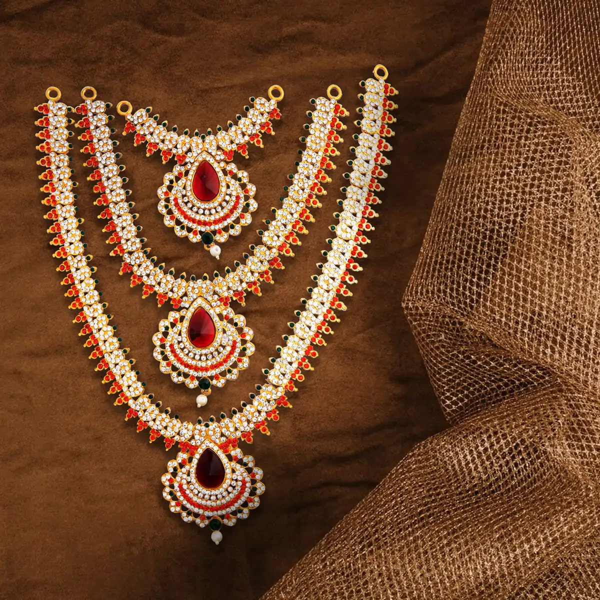 Stone Haram & Stone Necklace Set - 14 Inches | Stone Jewellery for Deity - Image 93