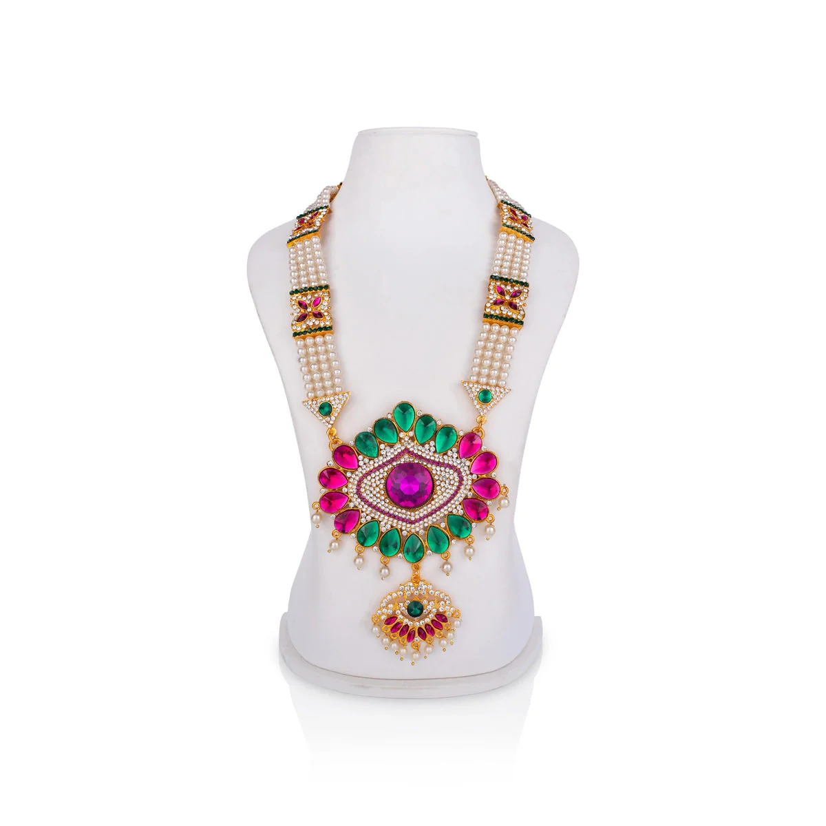 Stone Haram With Pendant - 14.5 Inches | 4 Line Moti Haram/ Multicolour Stone Artificial Jewelry For Deity - Image 2