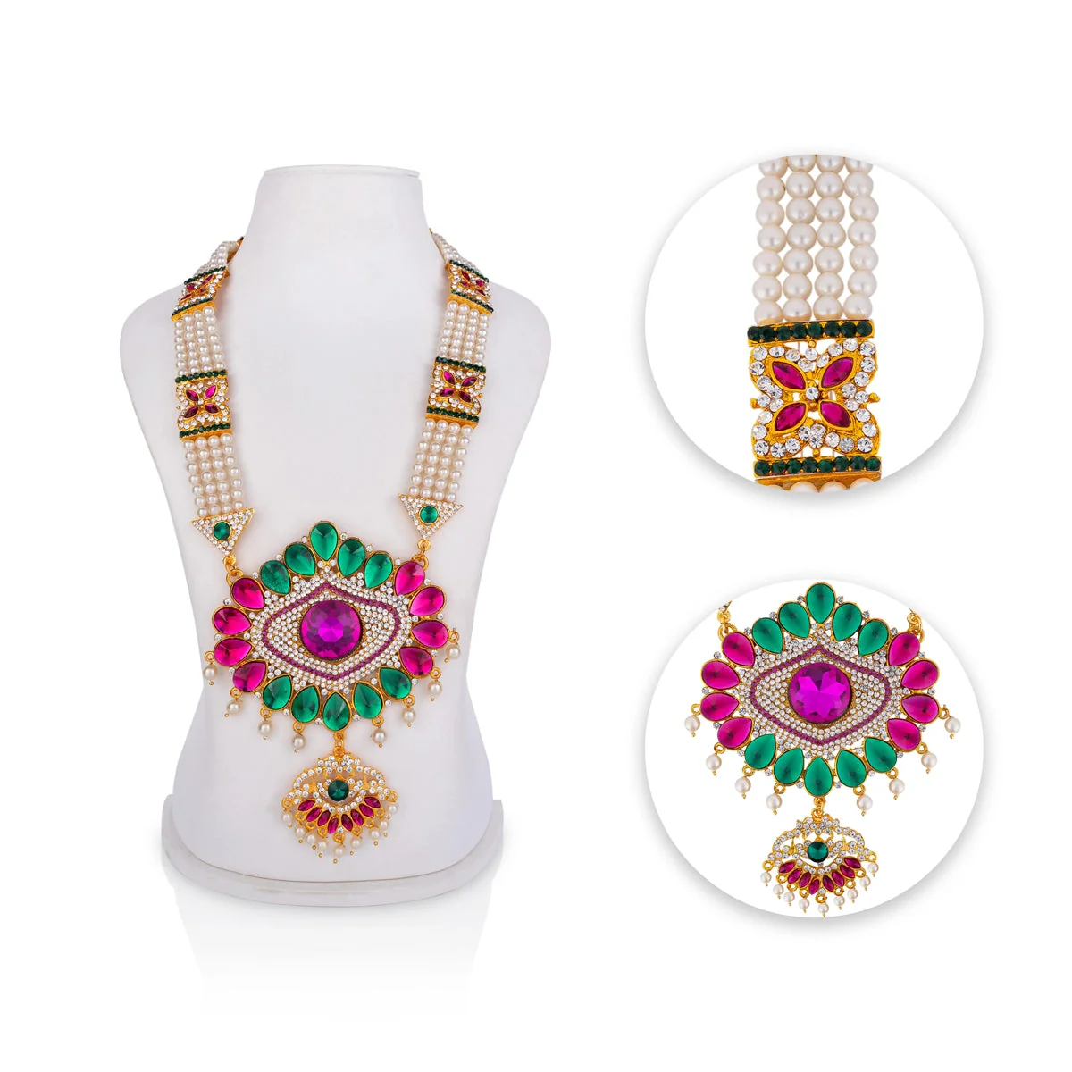 Stone Haram With Pendant - 14.5 Inches | 4 Line Moti Haram/ Multicolour Stone Artificial Jewelry For Deity - Image 3