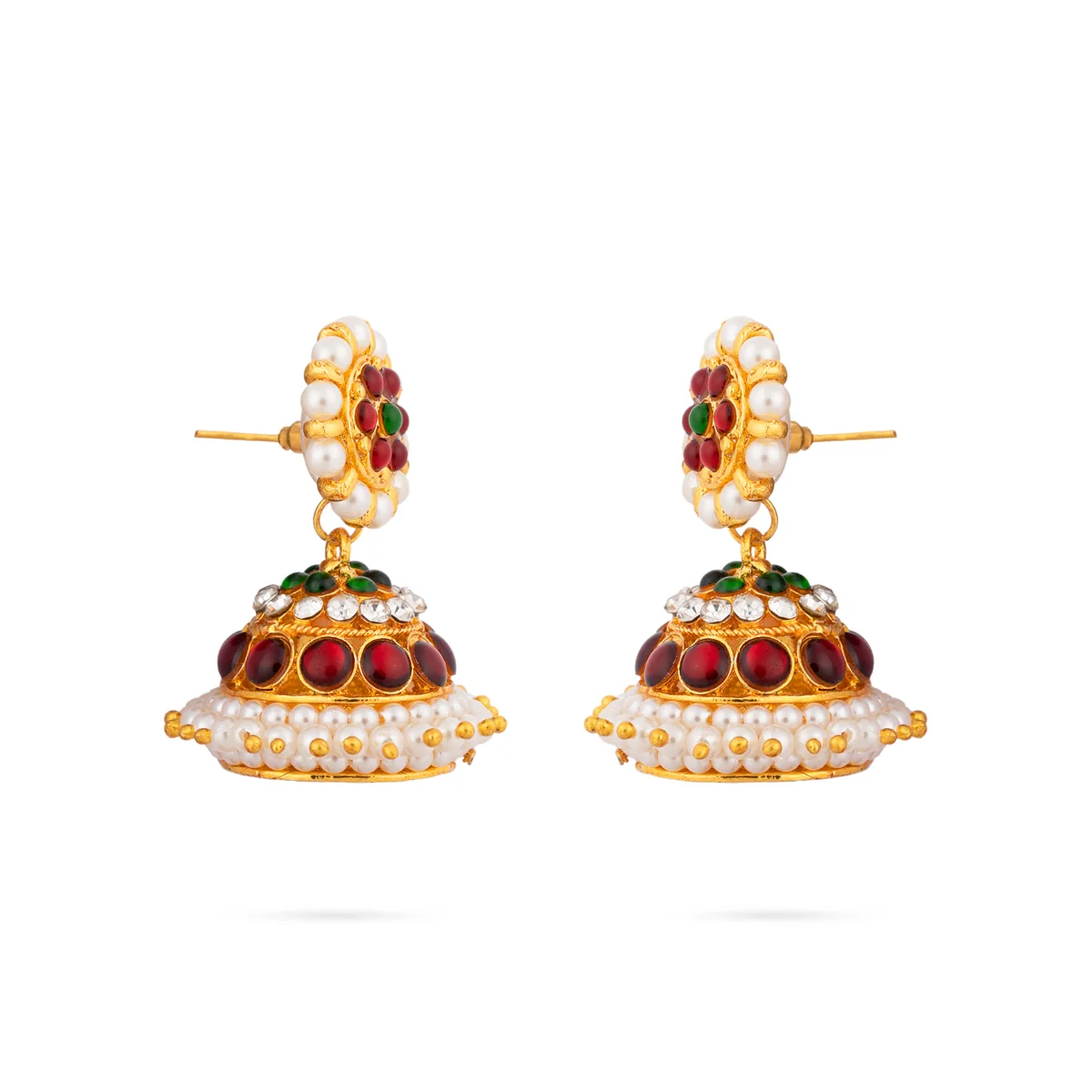 Stone Jumkha Pair - 1.5 x 1.25 Inches | Bharatanatyam Jewellery/ Artificial Jewelry/ Stone Jimikki for Women - Image 2