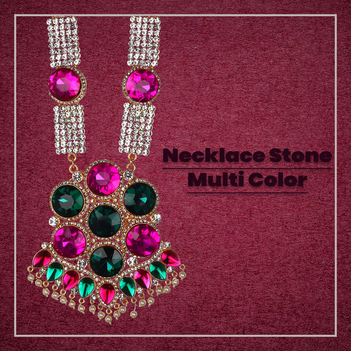 Stone Necklace- 10.5 x 5 Inches | Stone Haram/ Multicolour Stone Jewelry/ Artificial Jewellery For Deity Decor