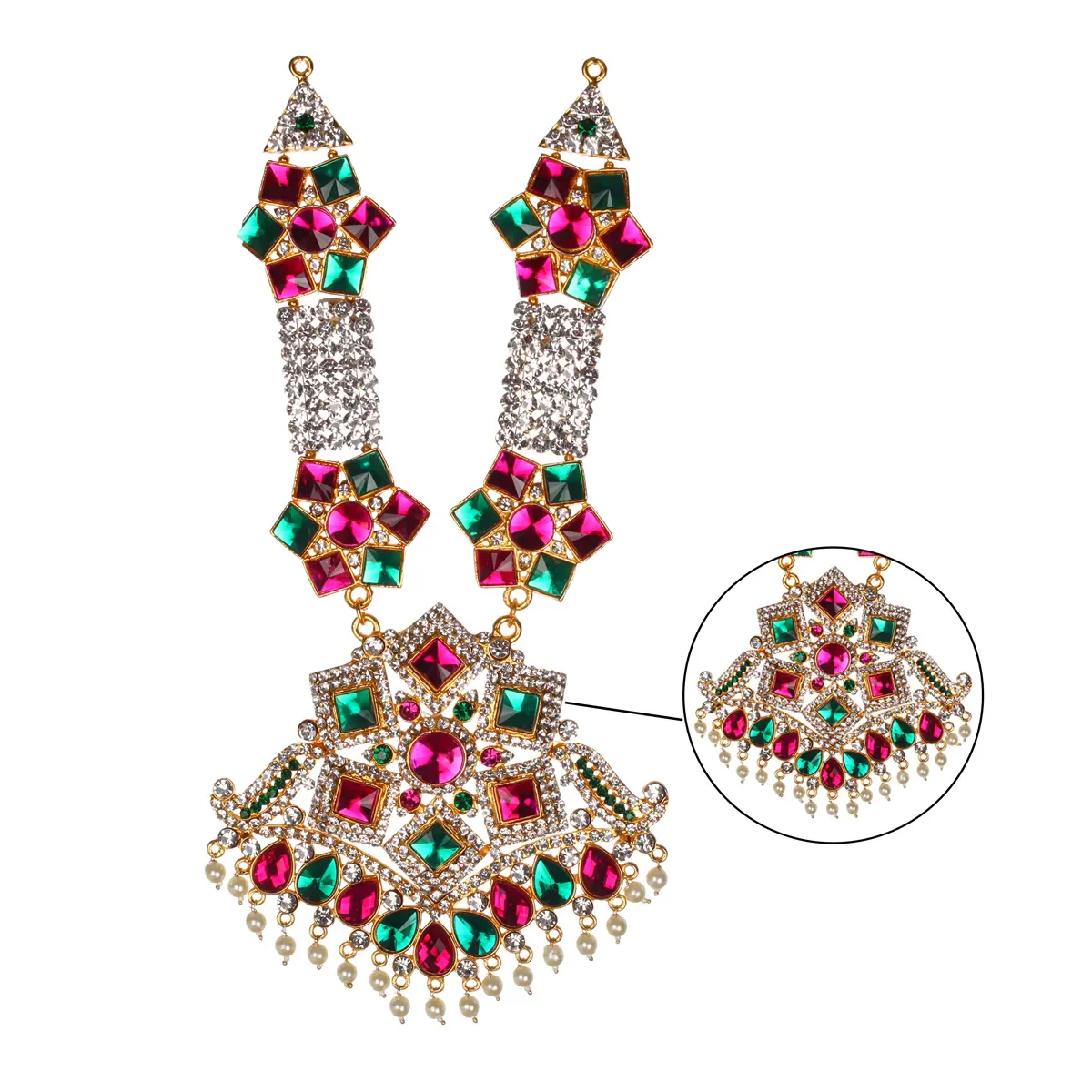 Stone Necklace- 10 x 4.5 Inches | Stone Haram/ Multicolour Stone Jewelry/ Artificial Jewellery For Deity Decor - Image 3