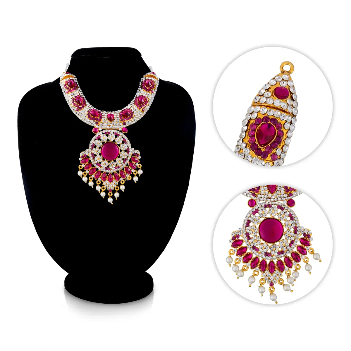 Stone Necklace - 6.5 Inches | Pink Stone Jewellery with Pearl Drops / Artificial Jewellery for Deity Decor - Image 2