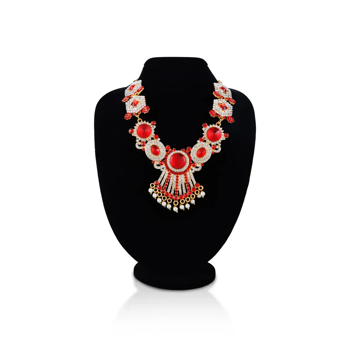 Stone Necklace - 7.5 Inches | Red Stone Jewellery with Pearl Drops / Artificial Jewellery for Deity Decor - Image 2