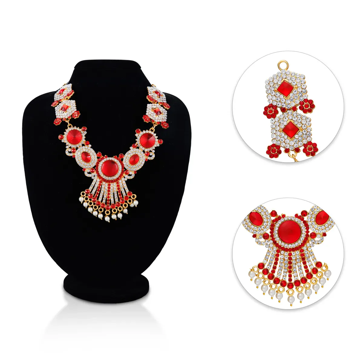 Stone Necklace - 7.5 Inches | Red Stone Jewellery with Pearl Drops / Artificial Jewellery for Deity Decor - Image 4