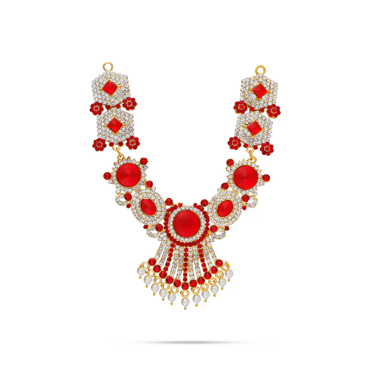 Stone Necklace - 7.5 Inches | Red Stone Jewellery with Pearl Drops / Artificial Jewellery for Deity Decor - Image 5