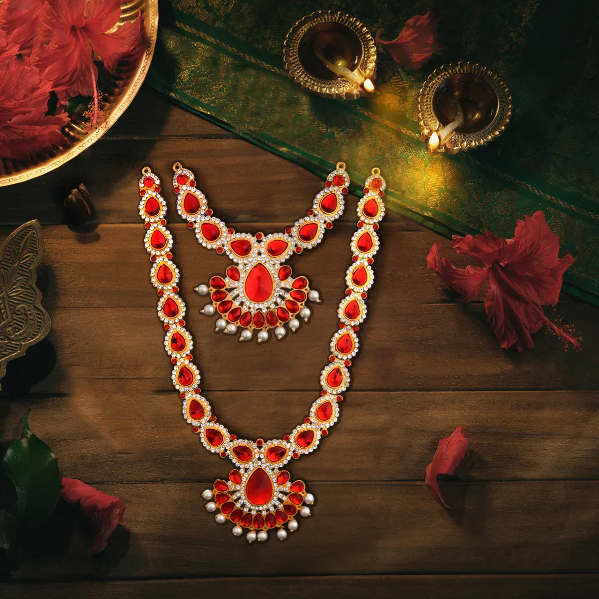 Stone Necklace & Haram Set - 12 x 5 Inches | Multi Colour Stone Jewellery for Deity/ Assorted Design - Image 23