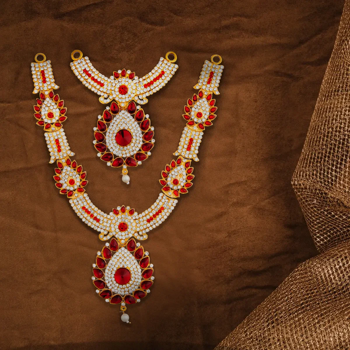 Stone Necklace & Haram Set - 12 x 5 Inches | Multi Colour Stone Jewellery for Deity/ Assorted Design - Image 24