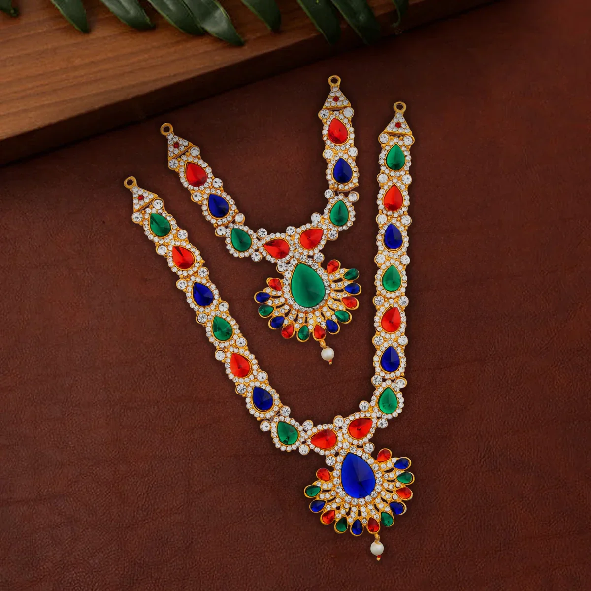 Stone Necklace & Haram Set - 12 x 5 Inches | Multi Colour Stone Jewellery for Deity/ Assorted Design - Image 25