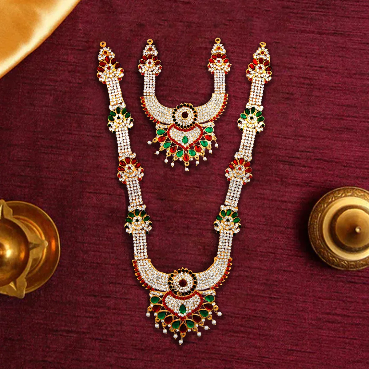 Stone Necklace & Haram Set - 12 x 5 Inches | Multi Colour Stone Jewellery for Deity/ Assorted Design - Image 26