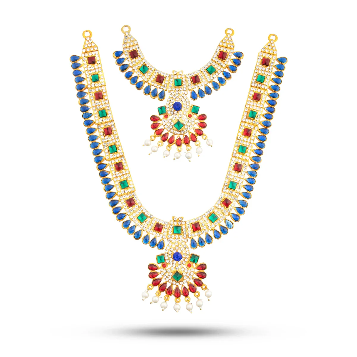 Stone Necklace & Haram Set - 12 x 5 Inches | Multi Colour Stone Jewellery for Deity/ Assorted Design - Image 3