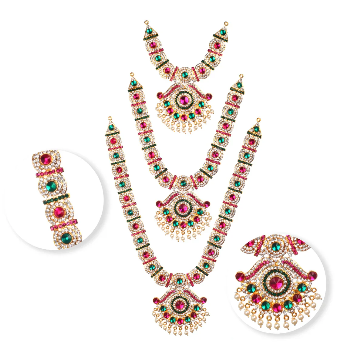 Necklace Haram Set - 15 x 6 Inches| Three Step Necklace/ MultiColour Stone Jewellery for Deity - Image 2