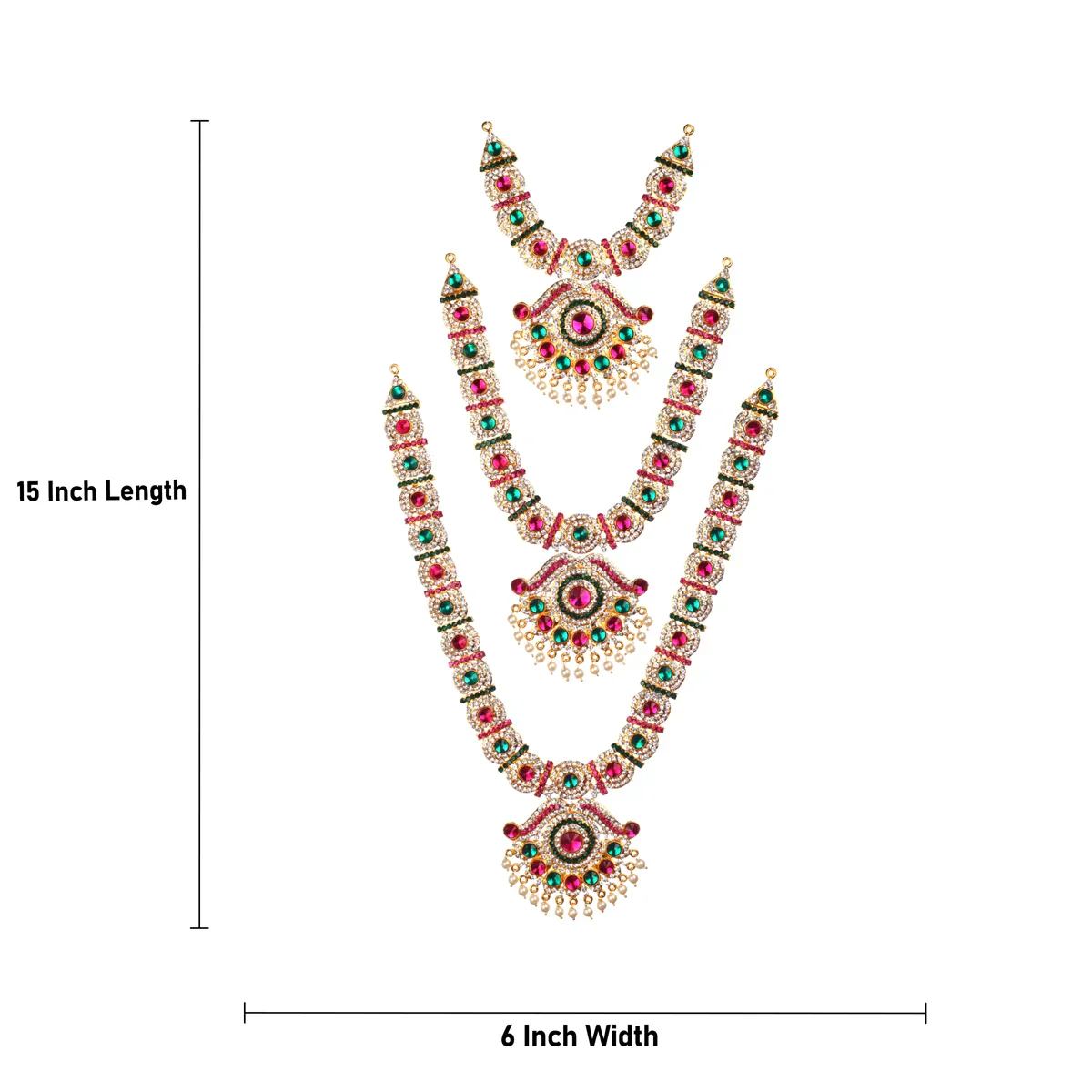 Necklace Haram Set - 15 x 6 Inches| Three Step Necklace/ MultiColour Stone Jewellery for Deity - Image 5