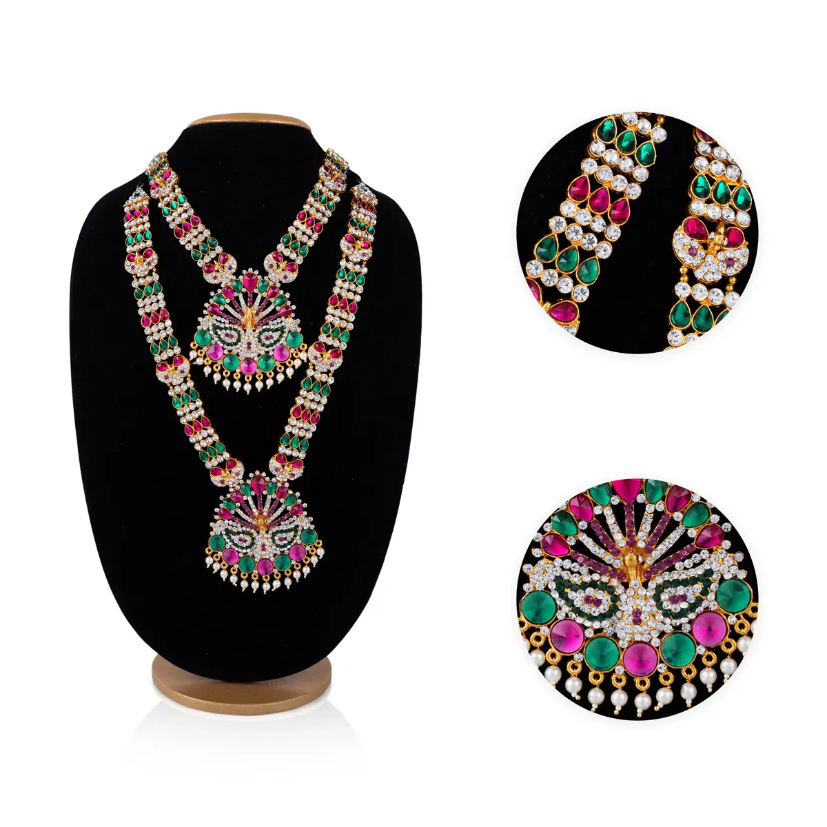 Stone Necklace & Stone Haram Pair - 12.5 Inches | Peacock Design Multicolour Stone Artificial Jewelry For Deity - Image 2