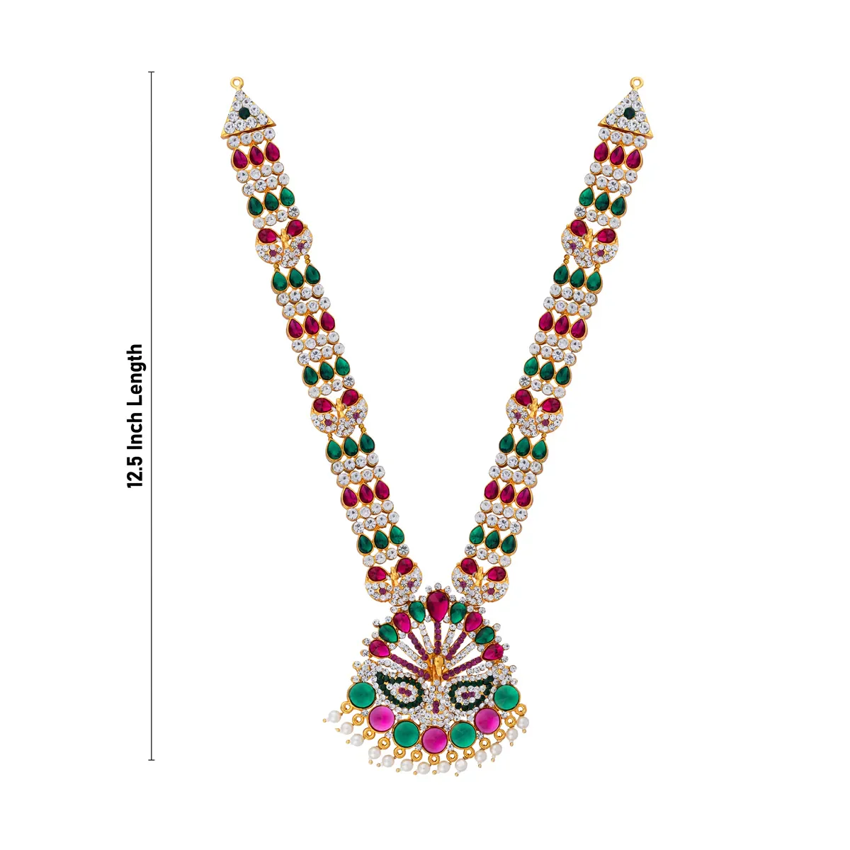 Stone Necklace & Stone Haram Pair - 12.5 Inches | Peacock Design Multicolour Stone Artificial Jewelry For Deity - Image 3