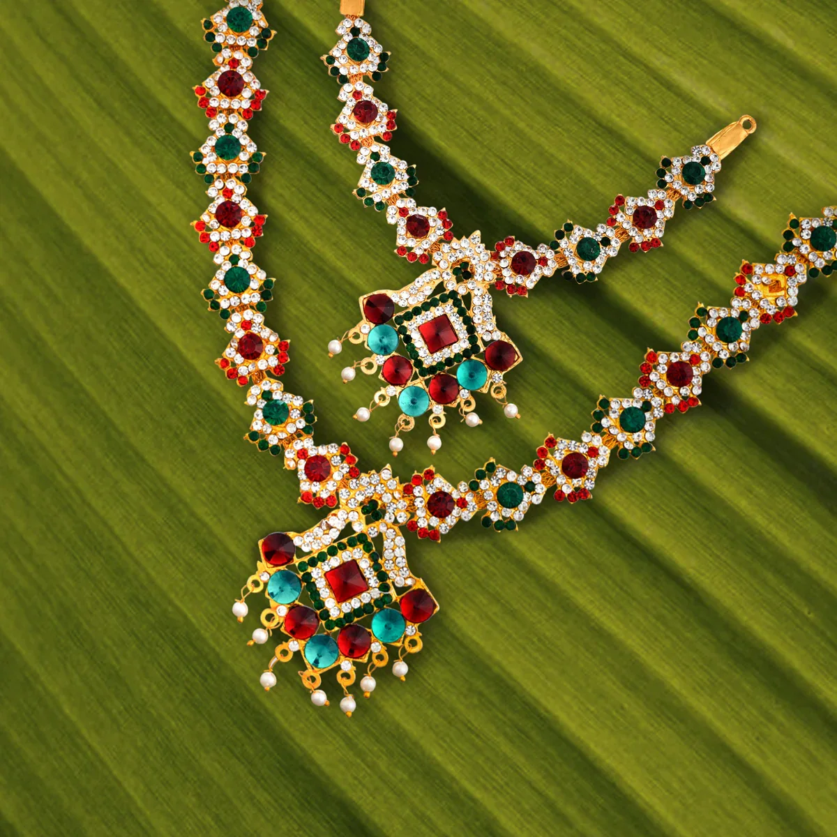 Stone Necklace & Stone Haram Set - 9 Inches | Multicolour Stone Jewelry/ Stone Jewellery for Deity - Image 36