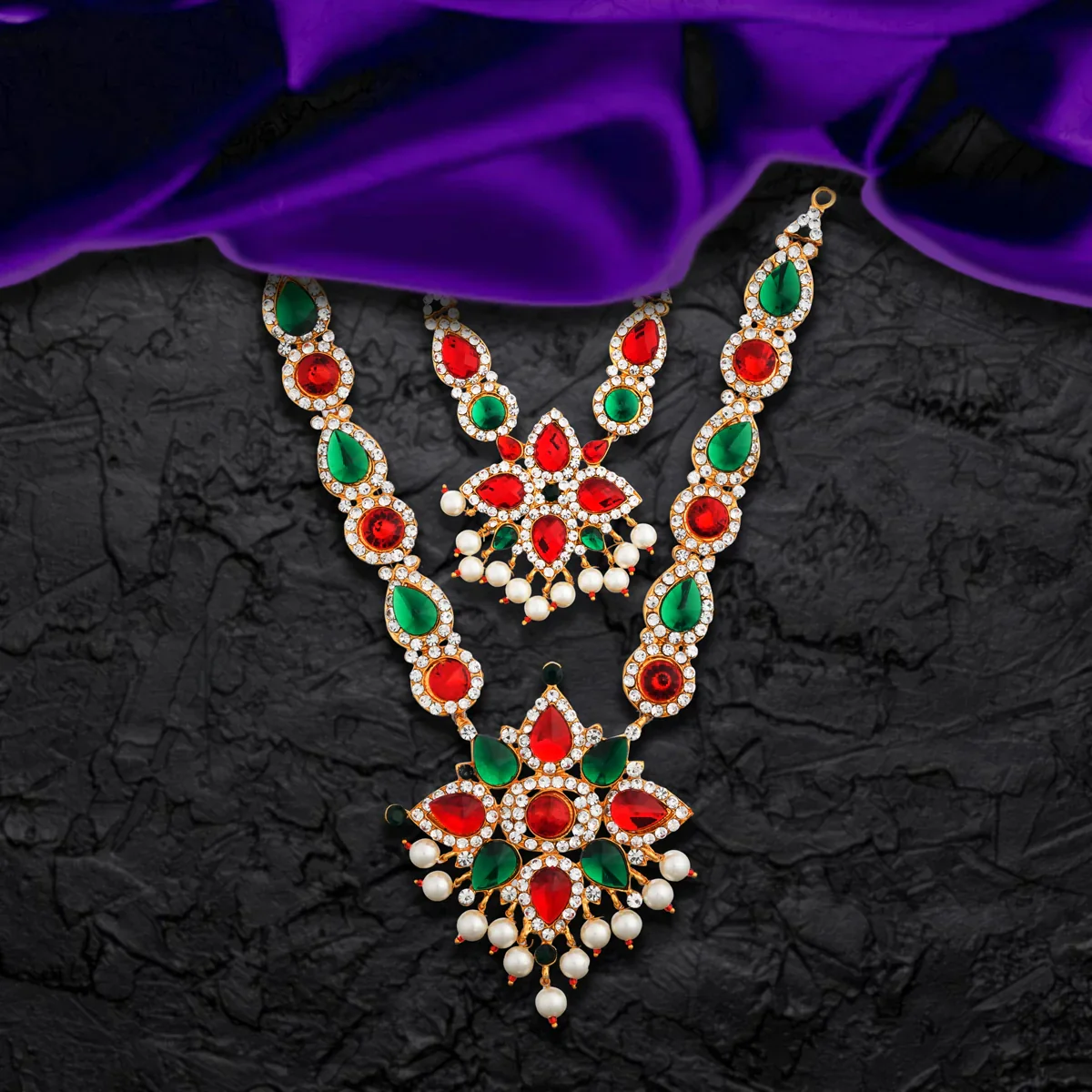 Stone Necklace & Stone Haram Set - 9 Inches | Multicolour Stone Jewelry/ Stone Jewellery for Deity - Image 37