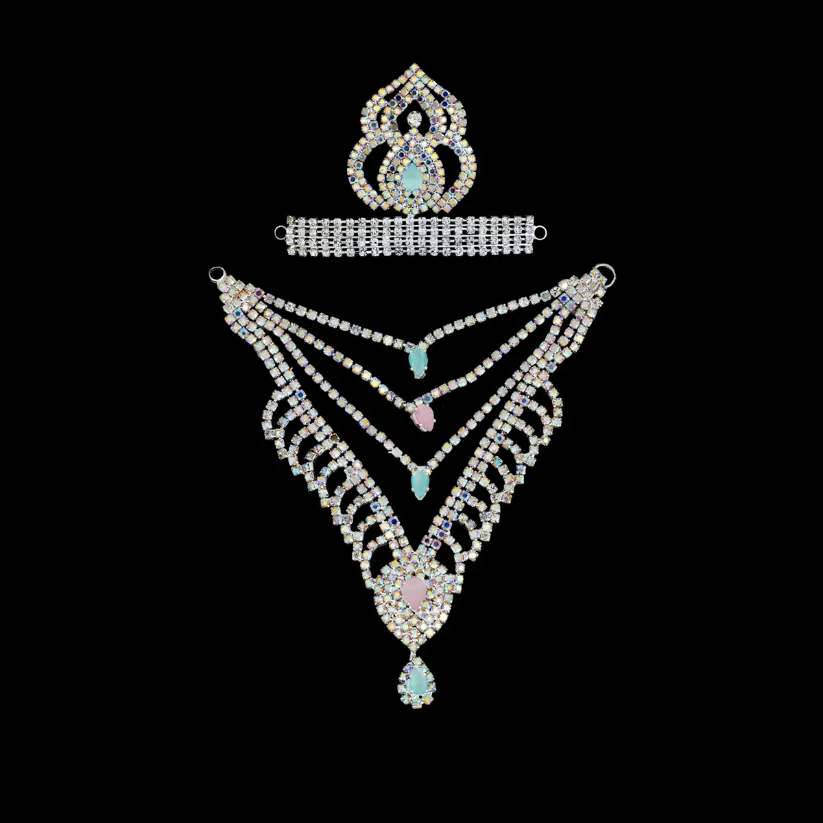 Stone Necklace & Stone Kireedam Pair - 4 x 2 Inches | Multicolour Stone Mala & Stone Crown for Deity Decor