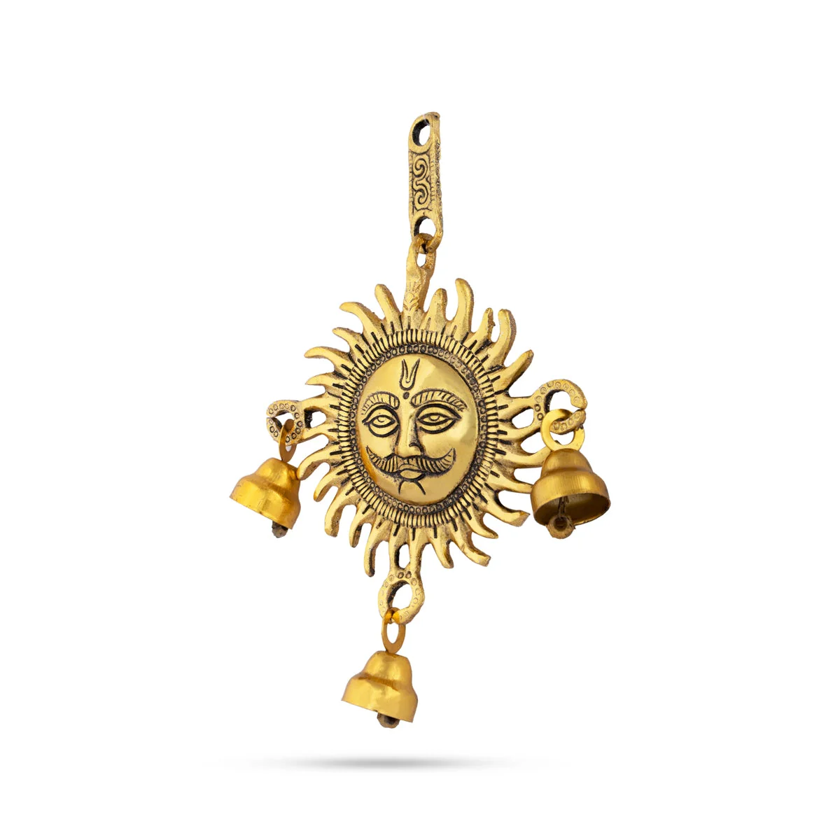 Sun Wall Hanging With Bell - 5.5 x 5 Inches | Gold Polish Sun Face Wall Hanger/ Metal Wall Decoration for Home - Image 2