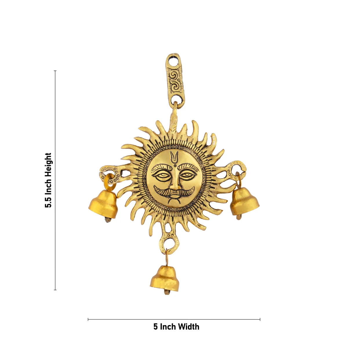 Sun Wall Hanging With Bell - 5.5 x 5 Inches | Gold Polish Sun Face Wall Hanger/ Metal Wall Decoration for Home - Image 3