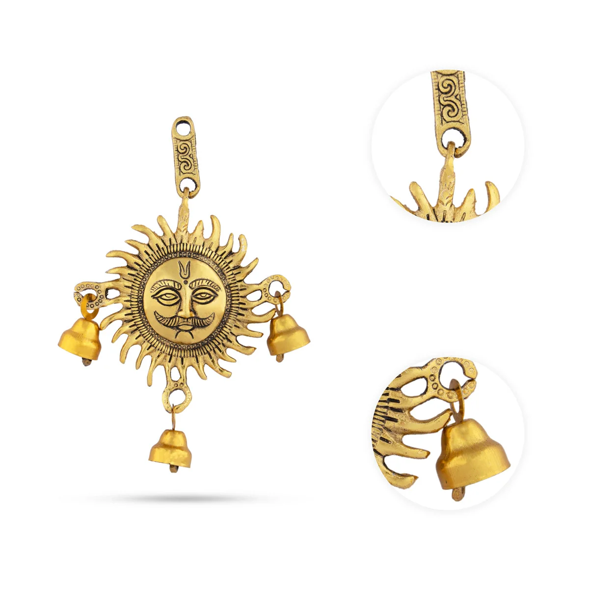 Sun Wall Hanging With Bell - 5.5 x 5 Inches | Gold Polish Sun Face Wall Hanger/ Metal Wall Decoration for Home - Image 4
