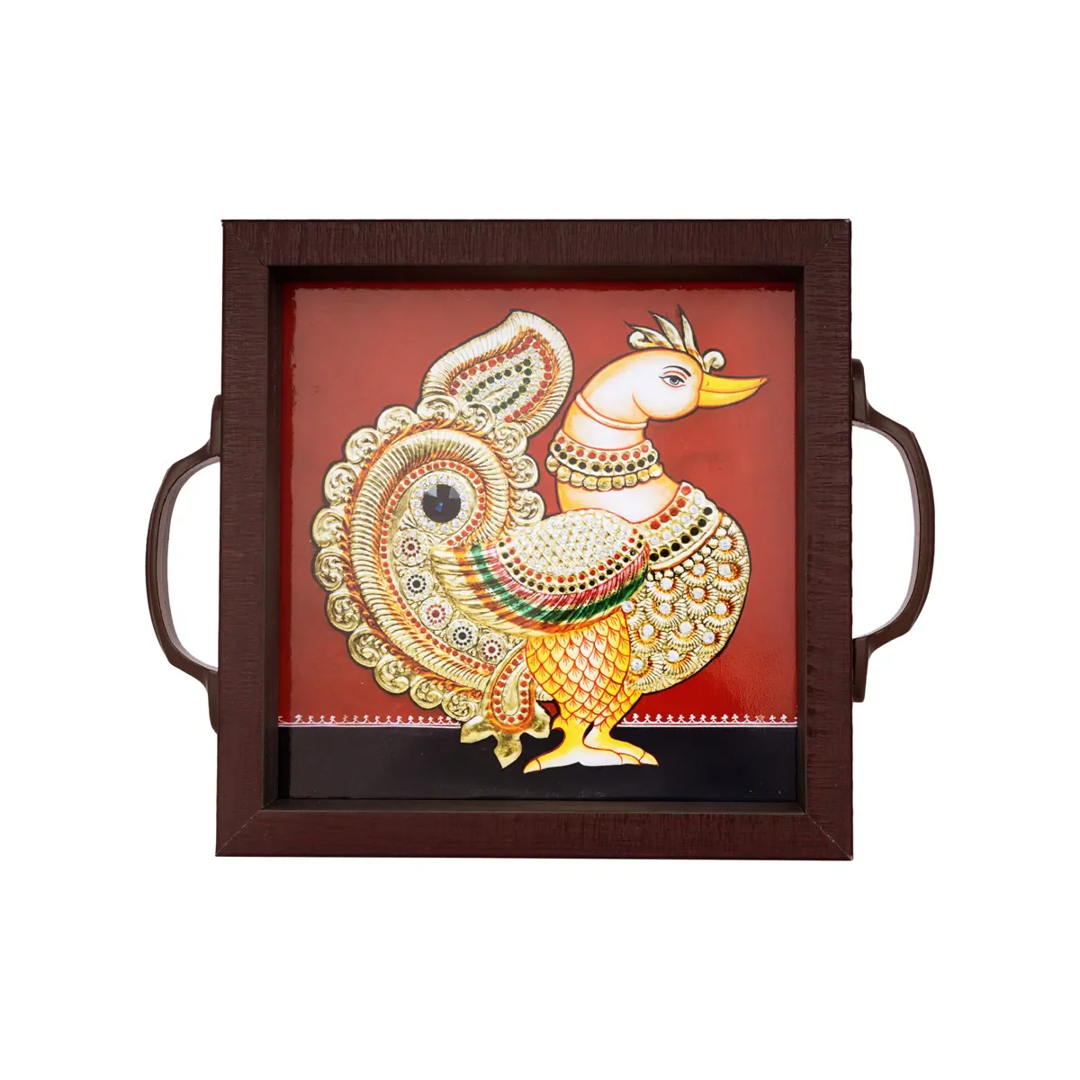 Swan Tanjore Glass Painting Tray - 6 X 6 Inches | Thanjavur Decorative Plate/ Wooden Serving Tray For Home - Image 2