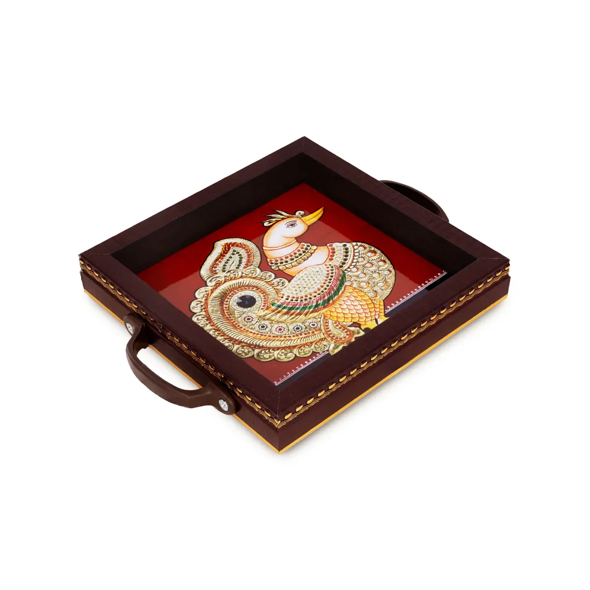 Swan Tanjore Glass Painting Tray - 6 X 6 Inches | Thanjavur Decorative Plate/ Wooden Serving Tray For Home - Image 3