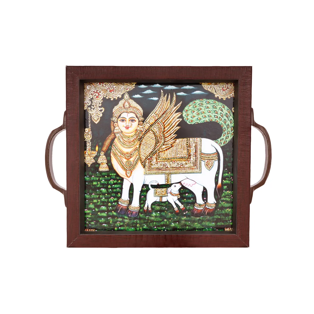 Tanjore Glass Painting Tray - 6 X 6 Inches | Wooden Serving Tray/ Traditional Tanjore Art Tray - Image 2