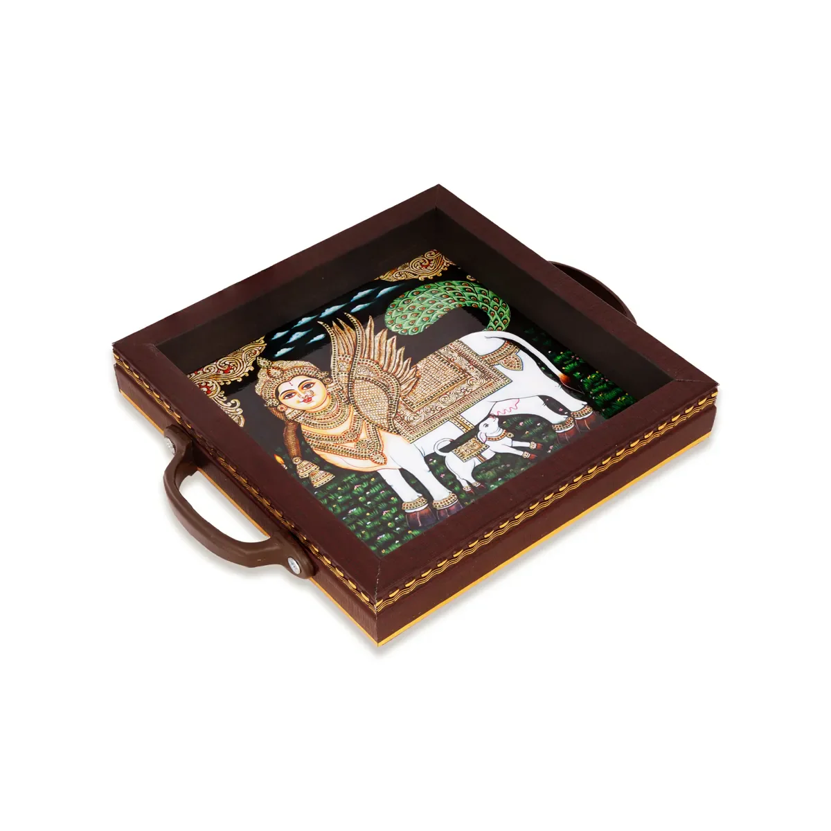 Tanjore Glass Painting Tray - 6 X 6 Inches | Wooden Serving Tray/ Traditional Tanjore Art Tray - Image 3