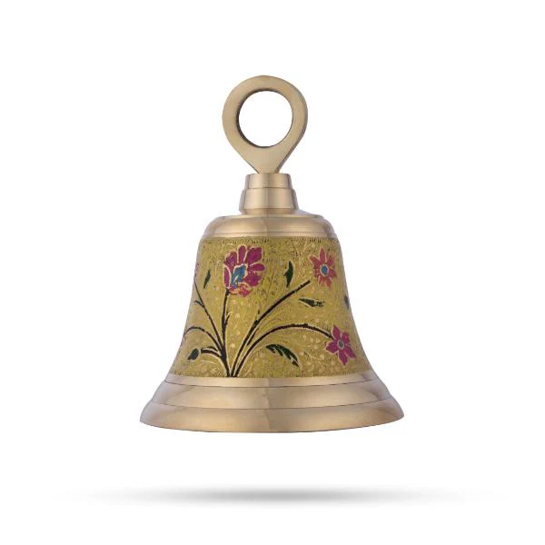Temple Bell With Chain - 7 x 5 Inches | Enamel Design Prayer Bell/ Ritual Bell/ Brass Bell for Pooja - Image 2