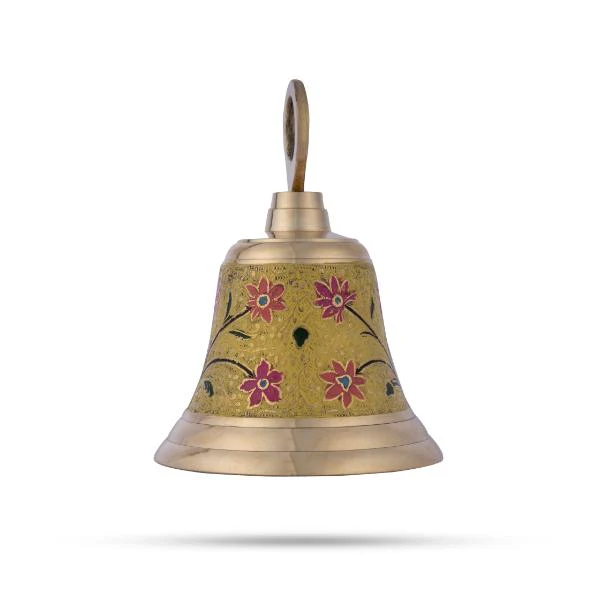 Temple Bell With Chain - 7 x 5 Inches | Enamel Design Prayer Bell/ Ritual Bell/ Brass Bell for Pooja - Image 3