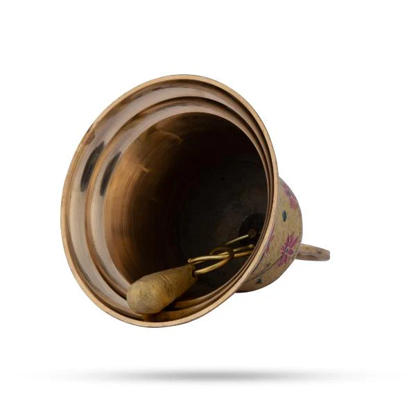 Temple Bell With Chain - 7 x 5 Inches | Enamel Design Prayer Bell/ Ritual Bell/ Brass Bell for Pooja - Image 4